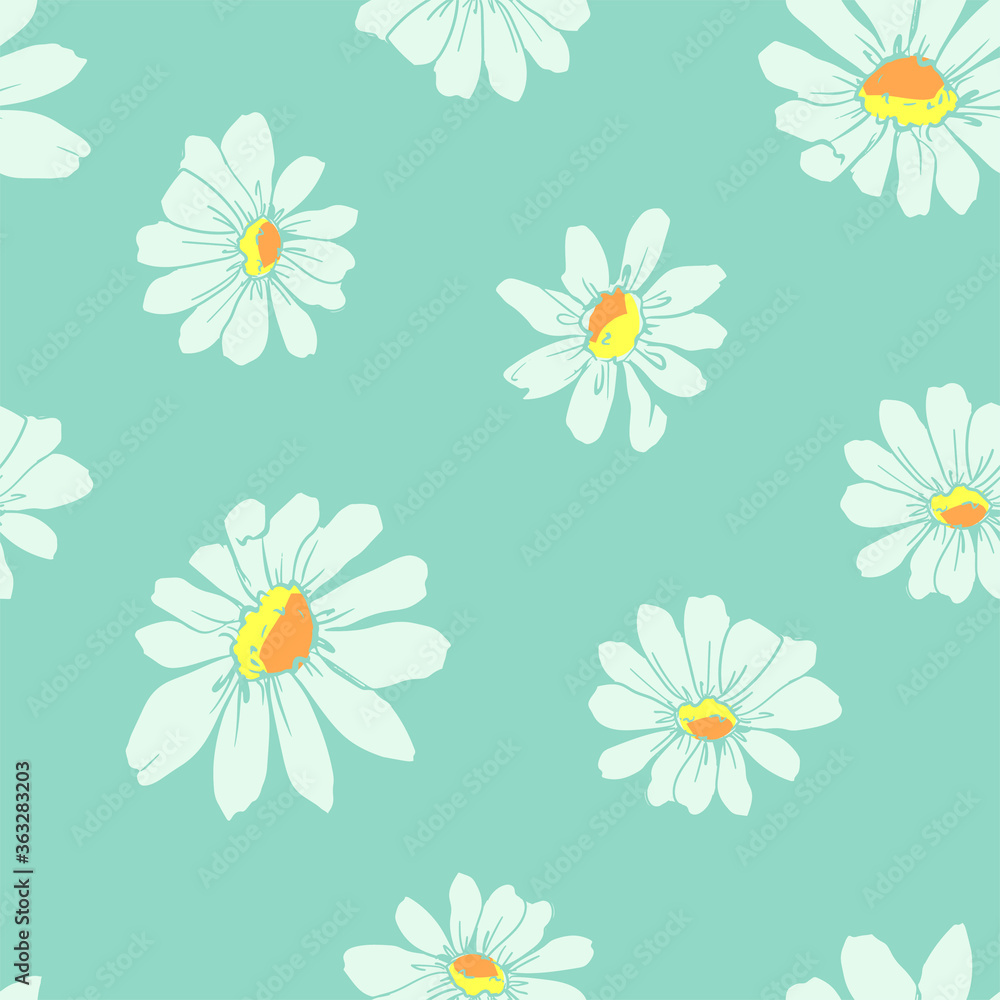 Chamomiles Pattern Vector Illustration, Ink Flowers Seamless Chamomiles Pattern Vector Illustration, Ink Flowers Seamless
