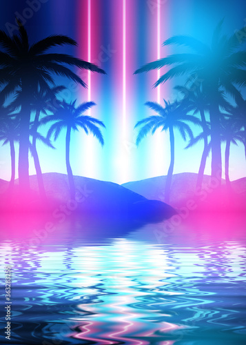 Abstract futuristic background. Neon glow, reflection of tropical palm trees on the water. Night view, beach party. 3d illustration