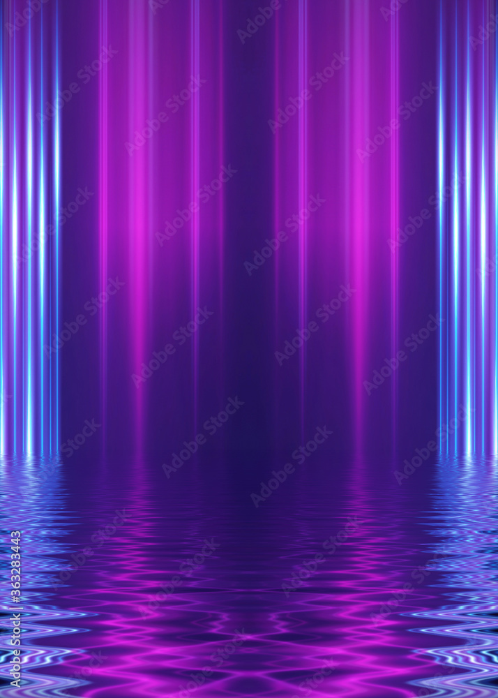 Fototapeta premium Abstract dark futuristic background. Neon rays of light are refl