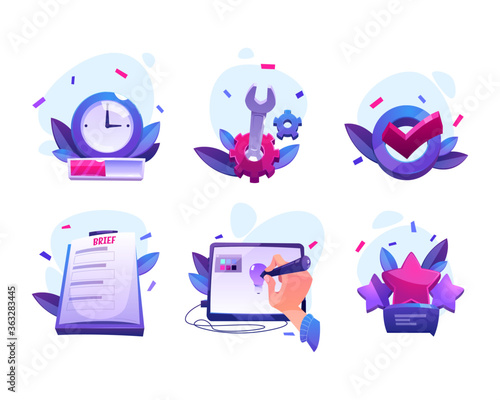 Work process of graphic designer from taking order to customer feedback and review. Vector cartoon icons of creative production with clock, brief, gear, digital tablet and check mark