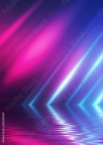 Abstract dark futuristic background. Neon rays of light are refl