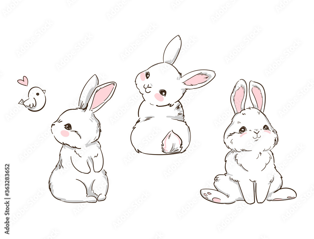 Fototapeta premium Hand Drawn Cute Bunny isolated on white background. Print design rabbit. Children Print on t-shirt. Vector