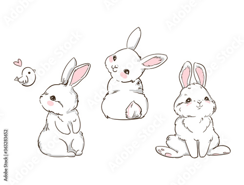 Hand Drawn Cute Bunny isolated on white background. Print design rabbit. Children Print on t-shirt. Vector