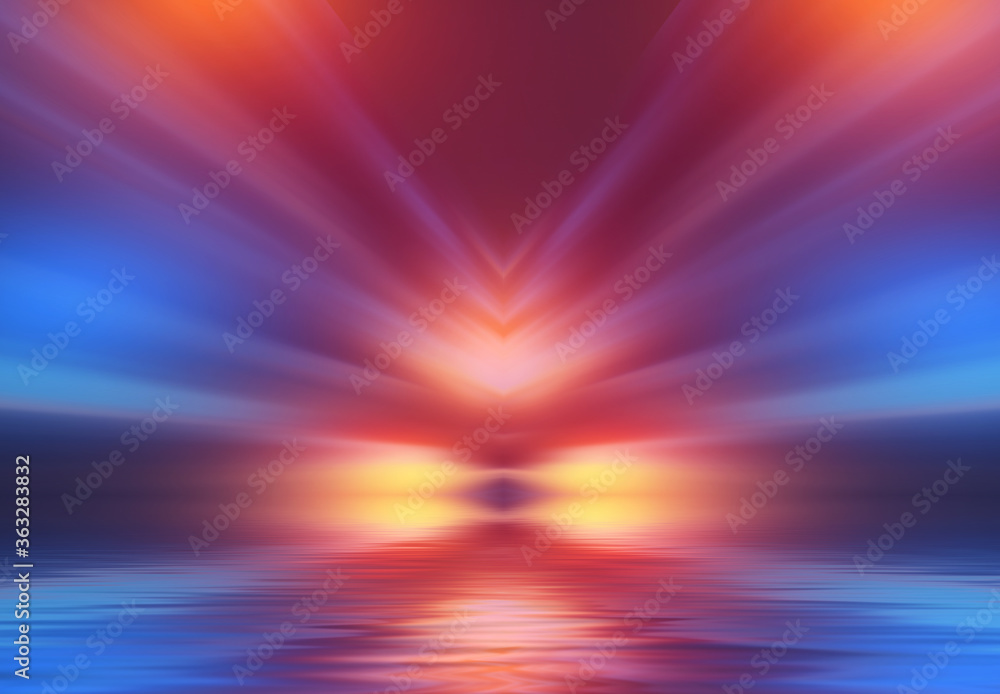 Obraz premium Abstract dark futuristic background. Neon rays of light are reflected from the water. Background of empty stage show, beach party. 3d illustration
