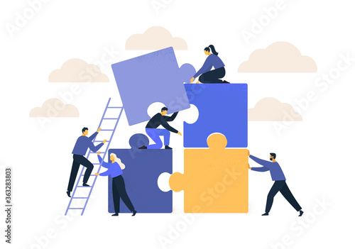 Business concept. Team metaphor. people connecting puzzle elements. Vector illustration flat design style. Symbol of teamwork, cooperation, partnership.