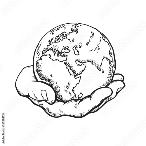 Human hand holding globe. Earth in mans palm. Save planet idea. Travel icon. Power over the world concept