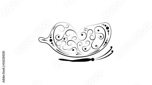 Butterfly made of curved lines of different thickness in black color in a side view