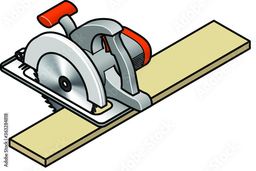 A circular saw in use cutting through a piece of lumber / plank.