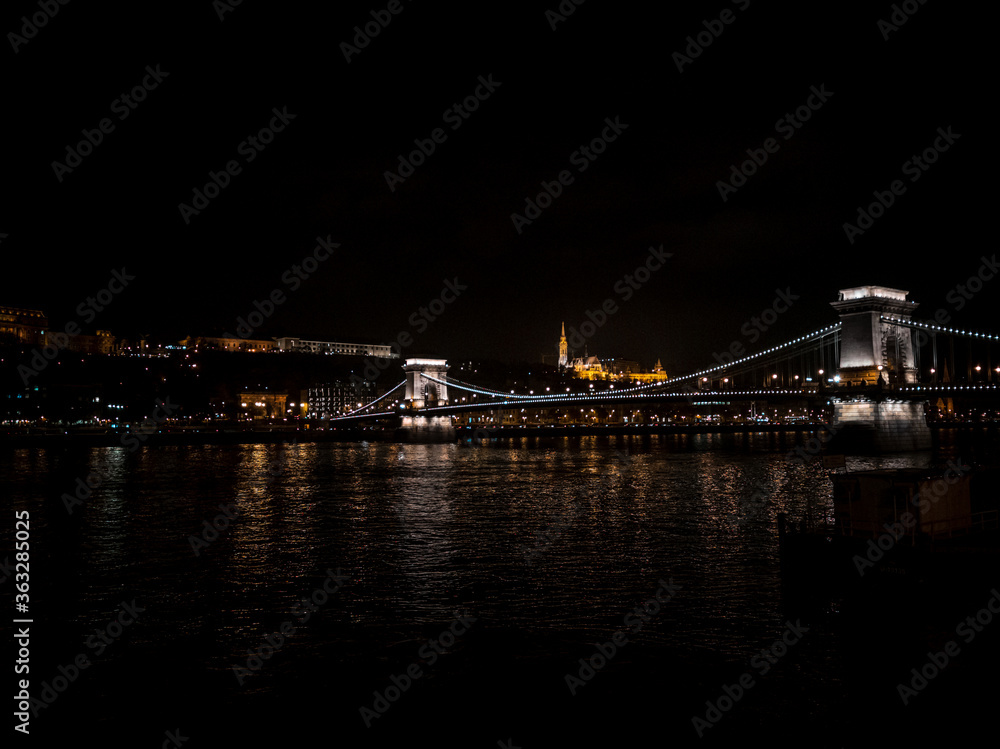 Budapest Royal Castle and Szechenyi Chain Bridge at day time from Danube river, Hungary.


