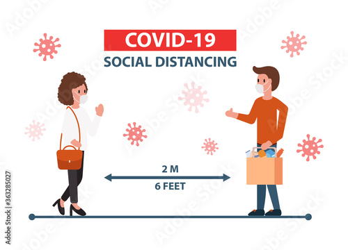 Vector concept of social distancing from coronavirus and Covid-19 infection. A man and a woman in protective masks stand apart from each other at a distance of 2 m. to avoid infection with the virus.