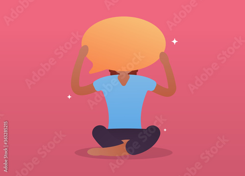 A woman with black skin holds a news cloud in which you can insert, enter any phrase or picture. News. Bright colors, gradient. Vector flat illustration. It can be used in any Internet resources.