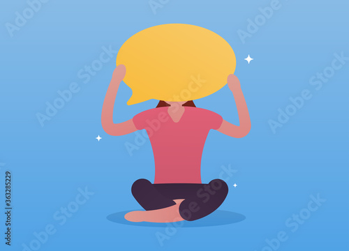 A woman with white skin holds a news cloud into which you can insert, enter any phrase or picture. News. Bright colors, gradient. Vector flat illustration. It can be used in any Internet resources.