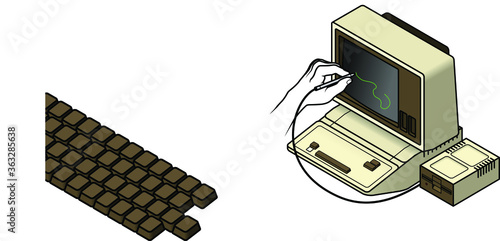 An old vintage/retro obsolete computer with a hand using a light pen to draw freehand on the screen.