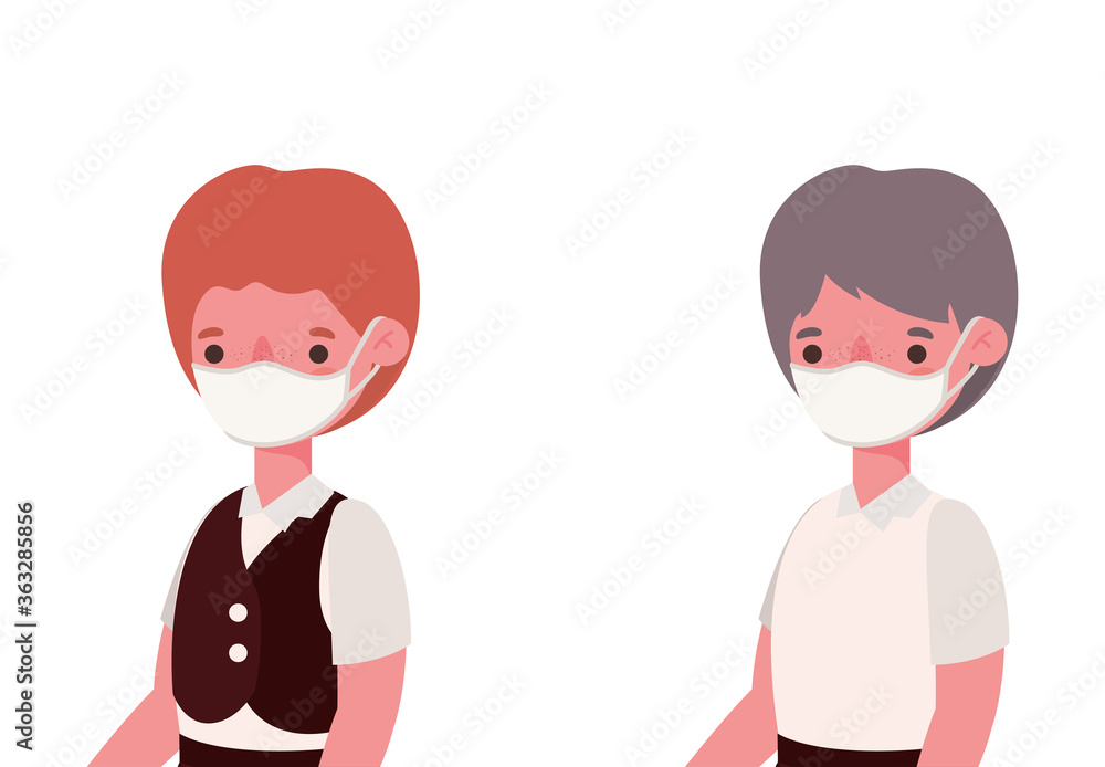 Boys kids with medical masks and uniforms design, Back to school and social distancing theme Vector illustration Boys kids with medical masks and uniforms design, Back to school and social distancing theme Vector illustration
