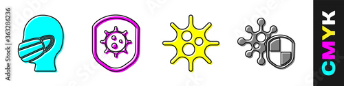 Set Face in a medical protective mask, Shield protecting from virus, Virus and Shield protecting from virus icon. Vector.