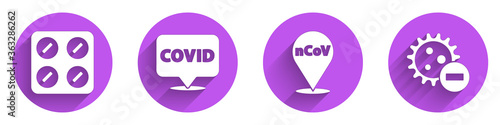 Set Pills in blister pack, Corona virus covid-19 on location, Corona virus 2019-nCoV on location and Negative virus icon with long shadow. Vector.