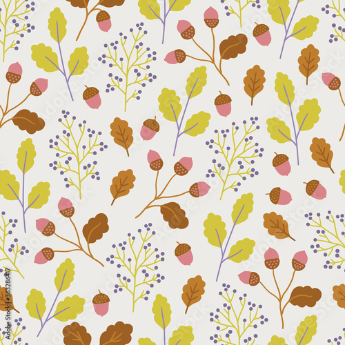 Floral seamless pattern with berries, oak leaves and acorns