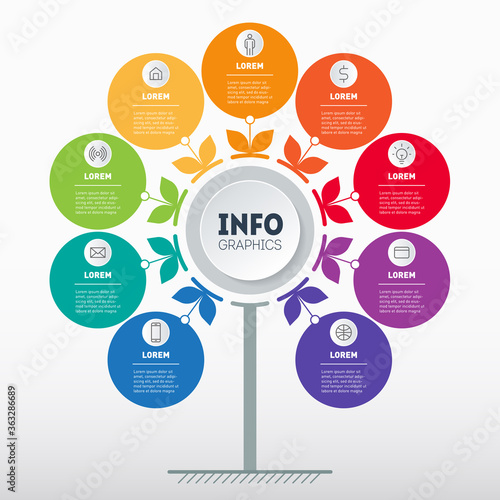Business presentation or infographics concept with 9 options and icons. Chart in the shape of a flower. Info graphic of technology or education process with nine steps. Vector.