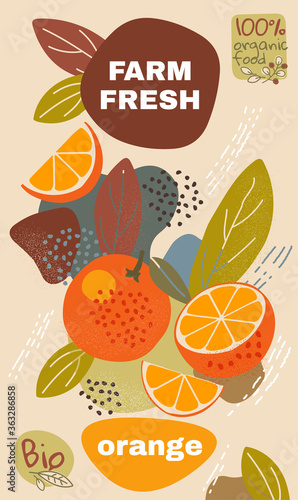 Food label template. vector illustration for organic orange fruit. natural bio fruits package design. ripe orange fruits with abstract memphis style background. eco concept farm fresh label