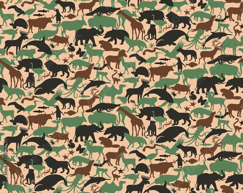 Seamless Camouflage Pattern with Animals For Kids. Animal Military Camouflage. Abstract seamless pattern for cloth textile.