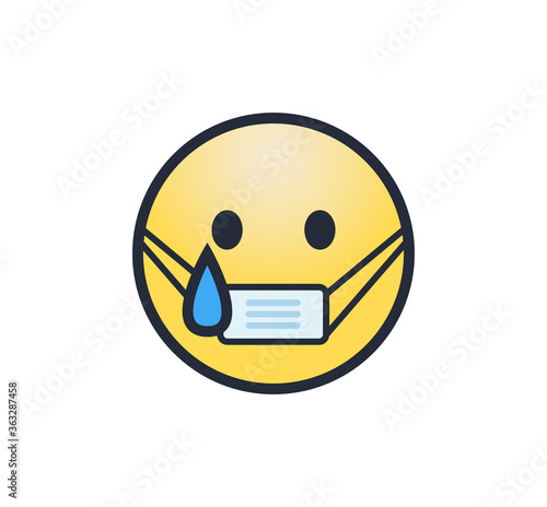 A crying face emoji, wearing a mask to help prevent the spread of COVID-19.	
	