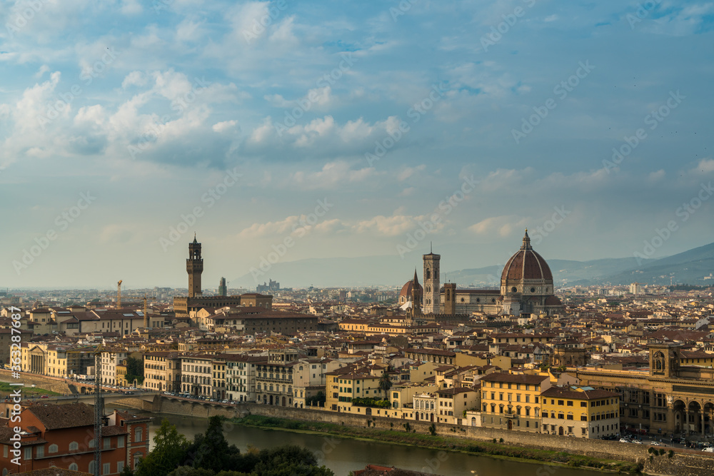 Florence old city skyline at sunset with Cathedral of Santa Maria del Fiore in Florence, Tuscany, Italy.
