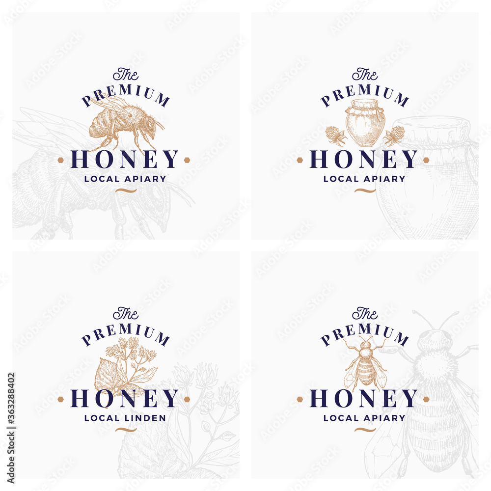 Premium Quality Honey Signs, Symbols or Logo Templates Collection. Hand Drawn Bee, Jar and Clover Sketches with Retro Typography. Local Apiary Vintage Emblems Set with Background.