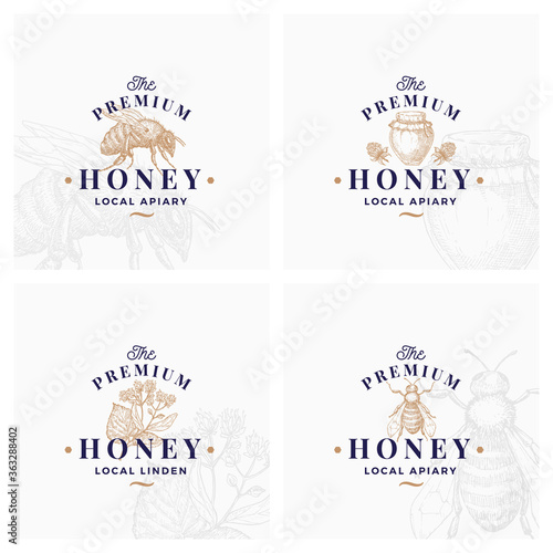 Premium Quality Honey Signs, Symbols or Logo Templates Collection. Hand Drawn Bee, Jar and Clover Sketches with Retro Typography. Local Apiary Vintage Emblems Set with Background.