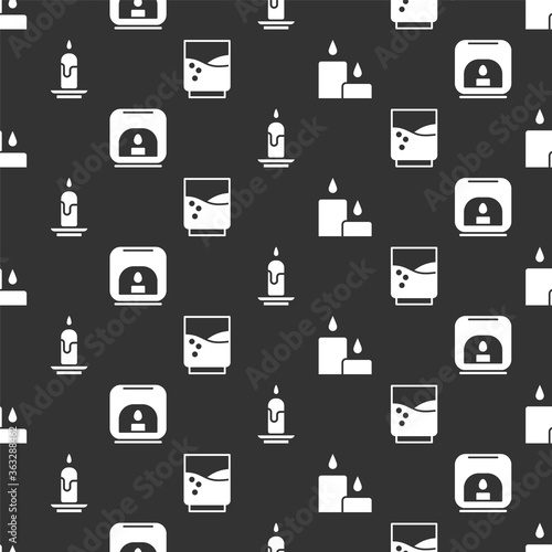 Set Burning candle, Aroma lamp, Burning candle and Glass with water on seamless pattern. Vector.
