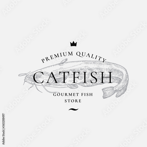Premium Quality Gourmet Fish Purveyors. Abstract Vector Sign, Symbol or Logo Template. Hand Drawn Catfish with Classy Retro Typography. Restaurant or Cafe Emblem.