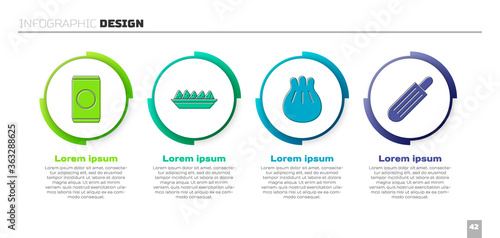 Set Soda can with straw, Nachos in plate, Khinkali on cutting board and French hot dog. Business infographic template. Vector.