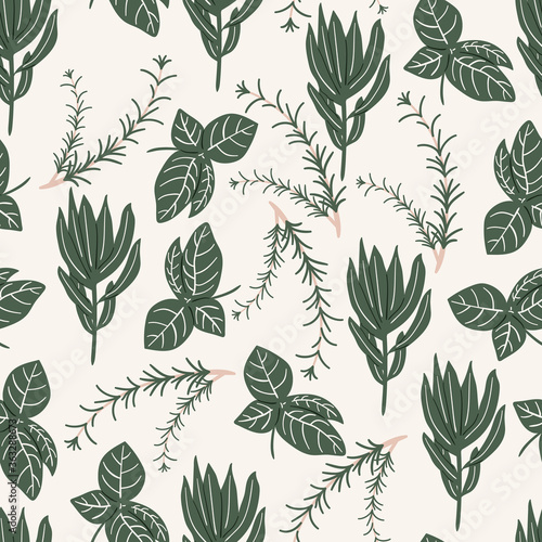 floral seamless pattern with hand drawn herb rosemary,sage,basil. Creative herb texture for fabric, wrapping, textile, wallpaper, apparel.
