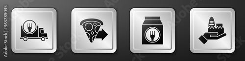 Set Fast delivery by car, Online ordering pizza delivery, Online ordering and delivery and Online ordering and delivery icon. Silver square button. Vector.