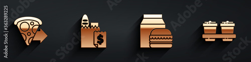 Set Online ordering pizza delivery, Online ordering and delivery, Online ordering and burger delivery and Coffee cup to go icon with long shadow. Vector.