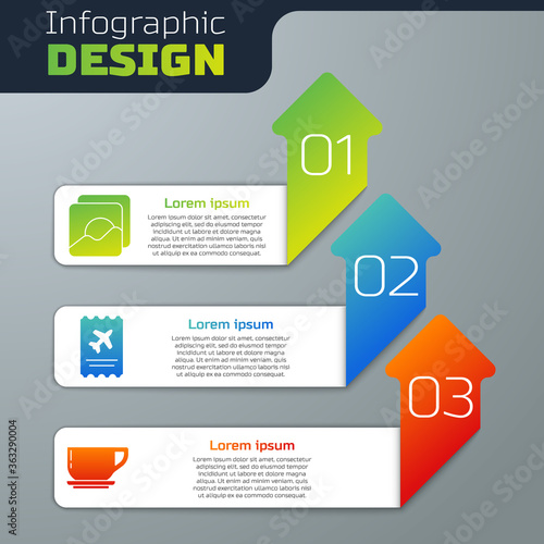 Set Photo, Airline ticket and Coffee cup. Business infographic template. Vector.