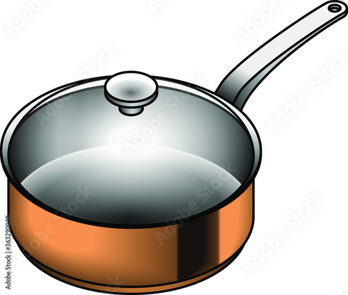 A gloss-finish copper saucepan with a stainless steel interior and a glass lid.