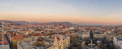 Aerial drone shot of Budapest downton from liberty square at dawn with view of Parliament © Davidzfr