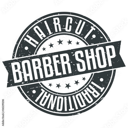 Barber Shop Haircut Traditional Stamp Round Icon Vector Art badge.