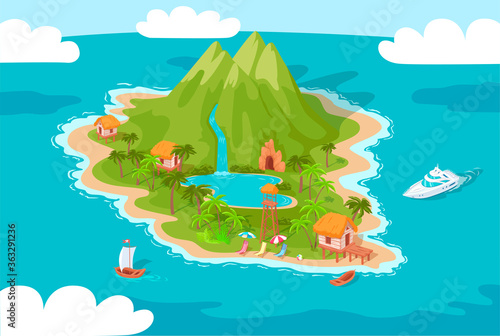 Colorful tropical island resort cartoon vector illustration