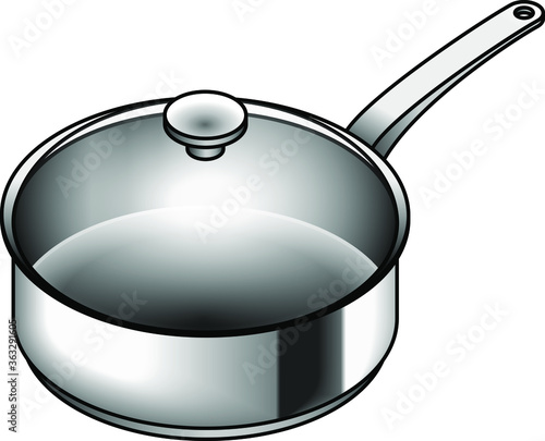 A satin-finish stainless steel saucepan with a glass lid.
