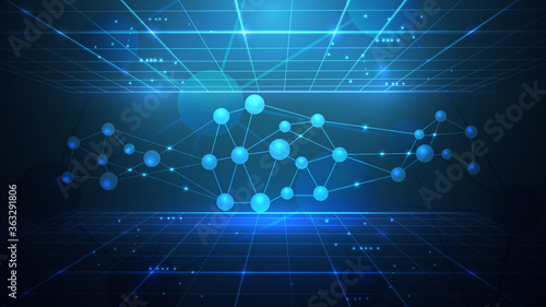 Illustration of a crystal lattice of atoms and particles.