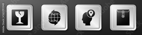 Set Fragile broken glass, Worldwide, Delivery man with cardboard boxes and Envelope icon. Silver square button. Vector.