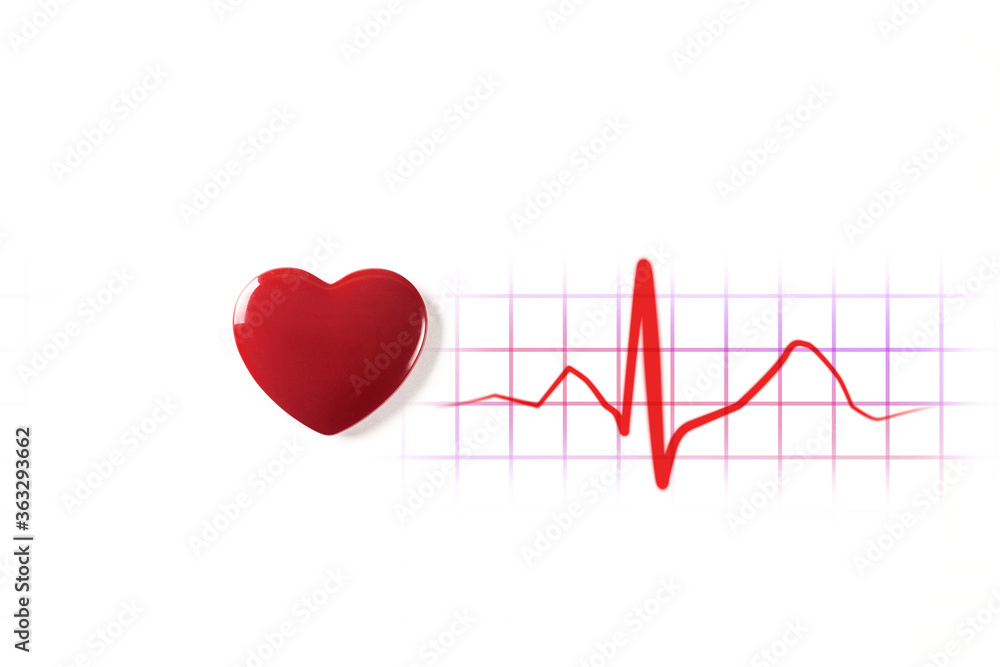 Red heart on a white background. Pulse rate diagram. Electrocardiogram. Red heart on a white background. Pulse rate diagram. Electrocardiogram.
