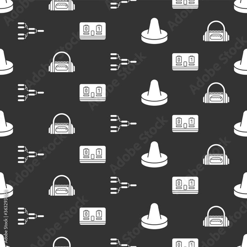 Set Mallet for playing air hockey, Sport bag, Championship tournament bracket and Hockey mechanical scoreboard on seamless pattern. Vector.