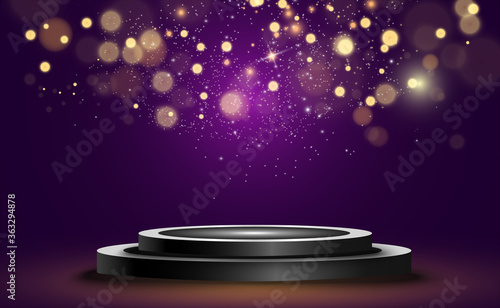 Winner background with signs of first, second and third place on a round pedestal. Vector winner podium sports symbols.