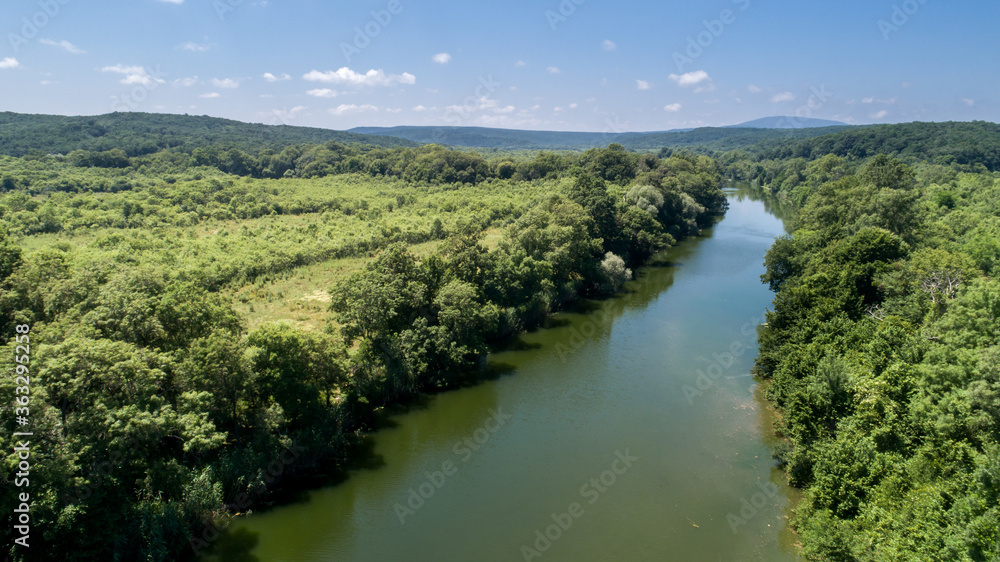 Aerial view of river and beautiful forest. Veleka River in Bulgaria Aerial view of river and beautiful forest. Veleka River in Bulgaria