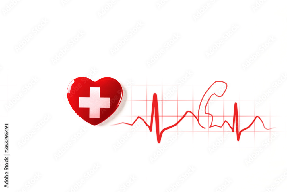Red heart with cross on white background. Stylization of the handset in ...