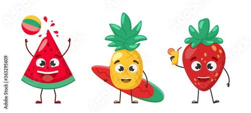 Set of fruit characters. Watermelon with beach ball, pineapple with surfboard and strawberry in sunglasses with a cocktail. For banner, poster, card, t-shirt print design. Vector illustration