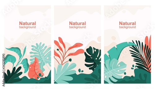 Vector set of abstract backgrounds with copy space for text - bright vibrant banners, posters, cover design templates, social media stories wallpapers with spring leaves and flowers