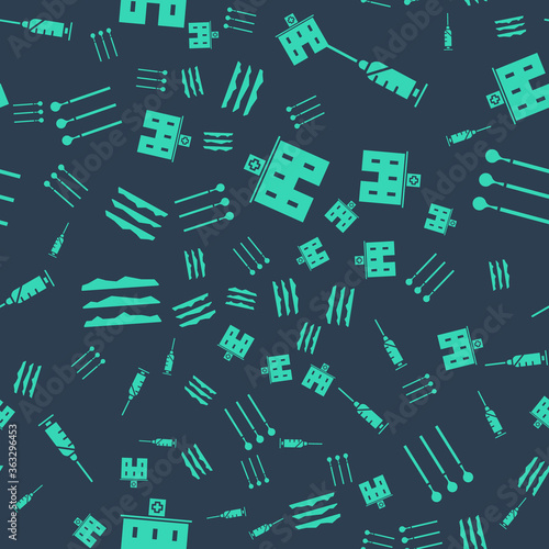 Set Medical hospital building, Syringe, Cocaine or heroin drug and Matches on seamless pattern. Vector.